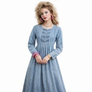 Vintage 80s FADS Womens‎ Size 8 Petite Denim Dress Button Up Lace Pleated Modest